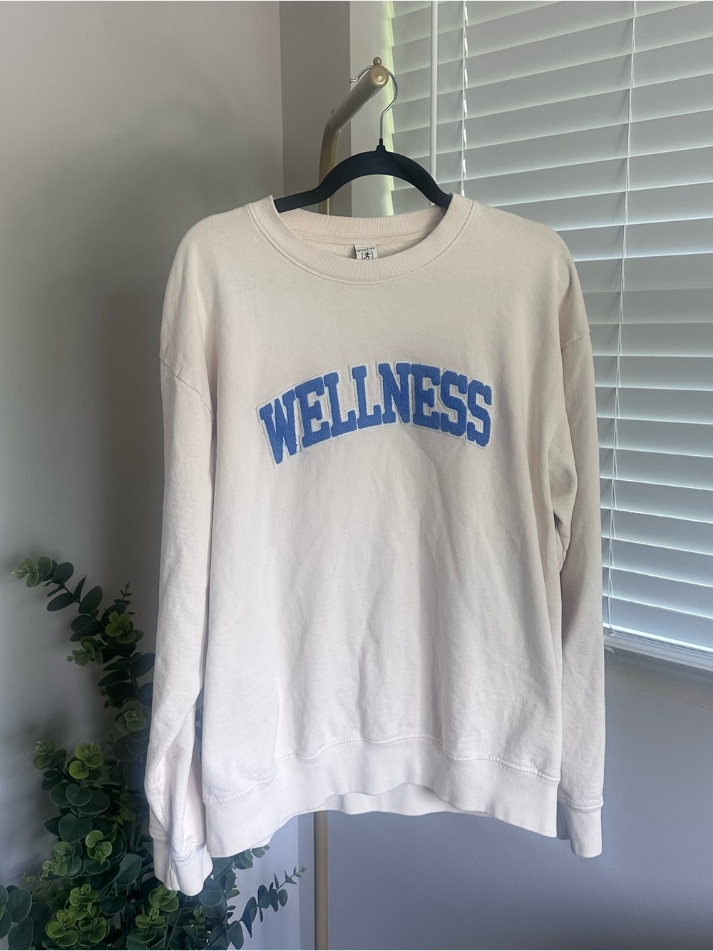 Sporty & Rich Cream Crewneck with Blue 'WELLNESS' Flocked Logo